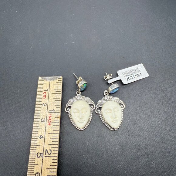 Sterling Silver 925 Opal & Face Carved Drop Dangle Earrings - Picture 5 of 7